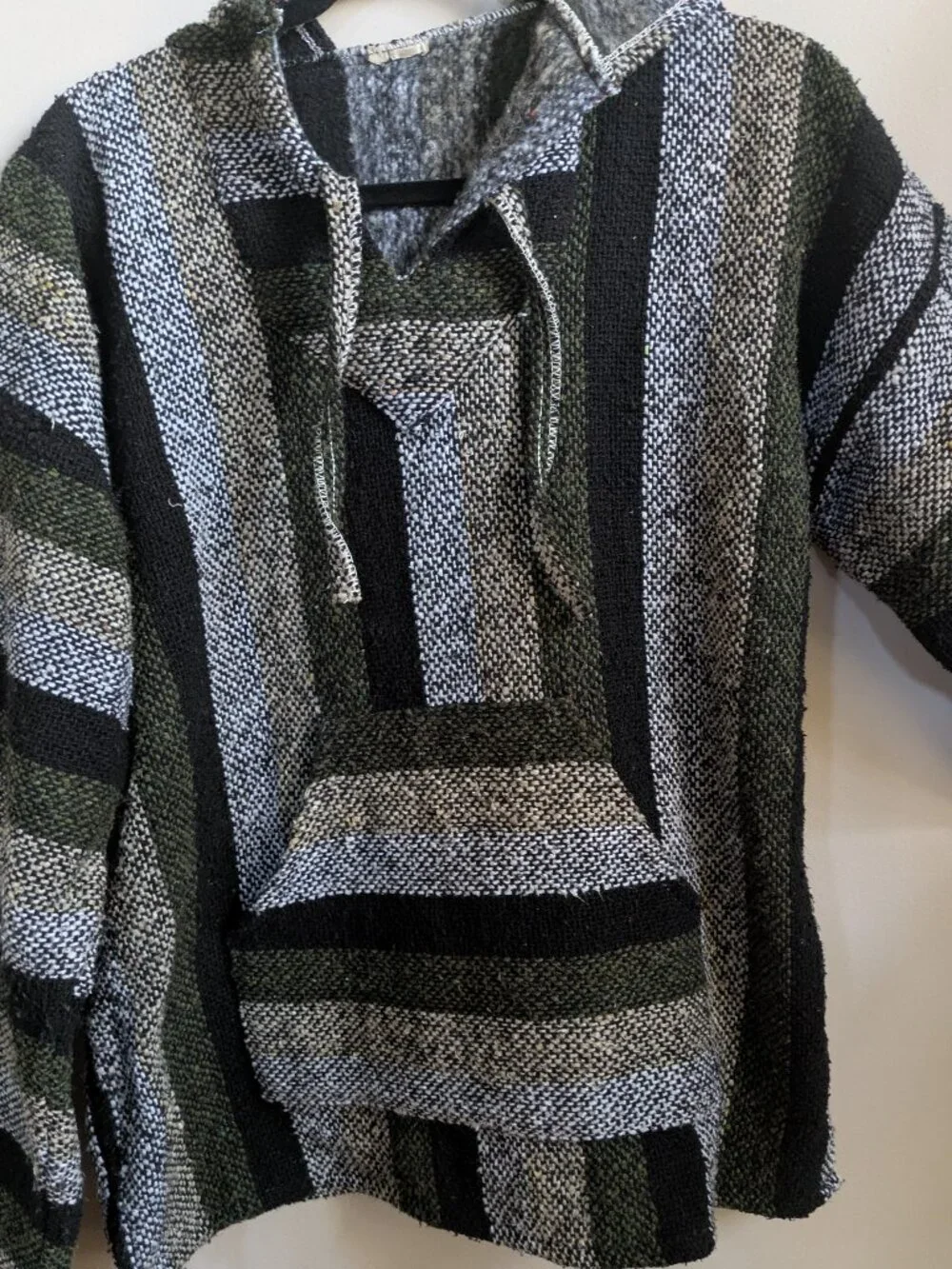 mexican poncho long sleeve hoodie black gray tan boho fits like a large  #220